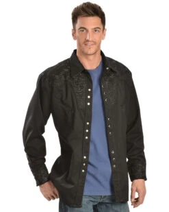 Scully Men's Black Floral Embroidered Retro Long Sleeve Western Shirt