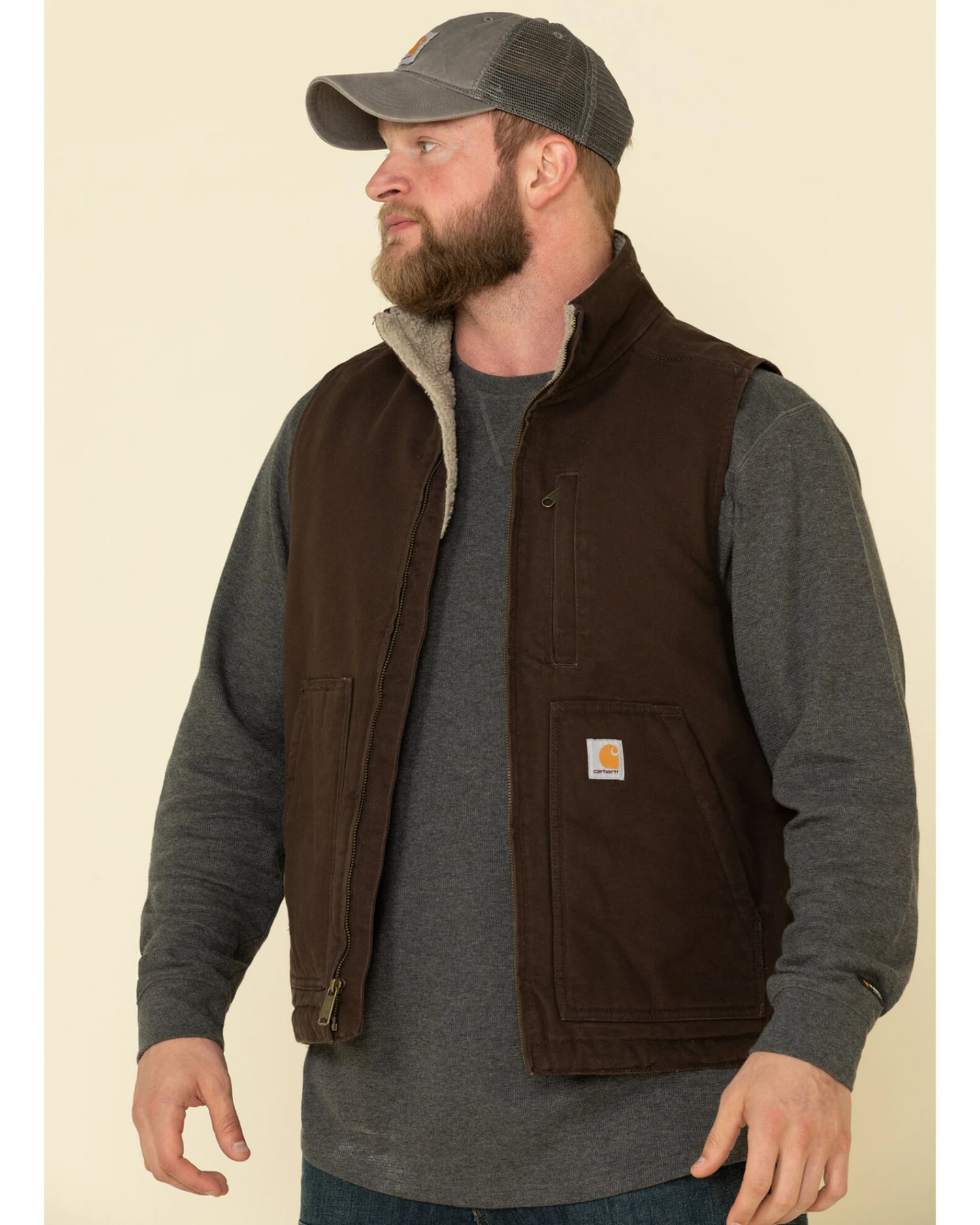 Carhartt Men's Dark Brown Washed Duck Sherpa Lined Mock Neck Work Vest 1 Carhartt Men's Dark Brown Washed Duck Sherpa Lined Mock Neck Work Vest