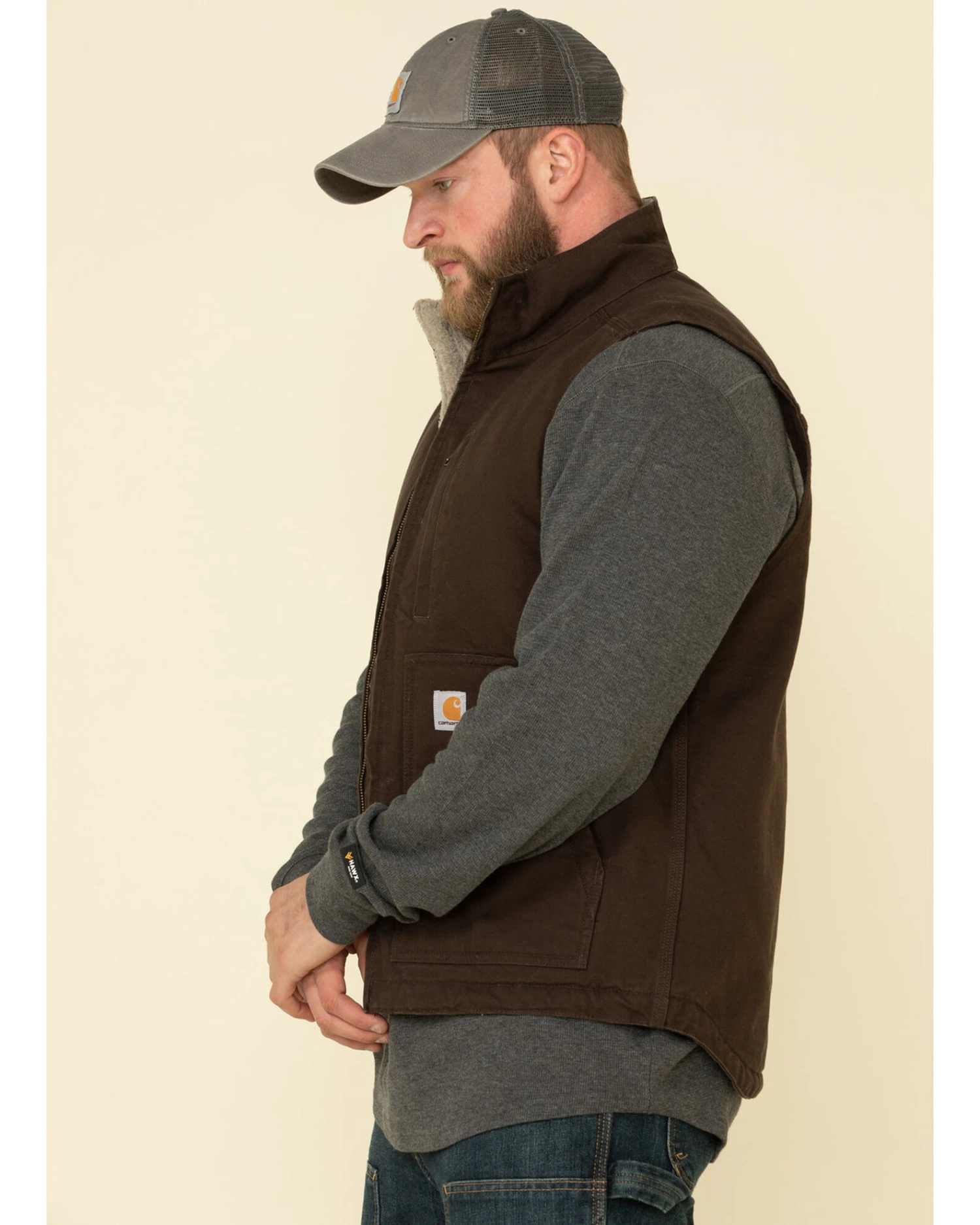 Carhartt Men's Dark Brown Washed Duck Sherpa Lined Mock Neck Work Vest 2 Carhartt Men's Dark Brown Washed Duck Sherpa Lined Mock Neck Work Vest - Image 2