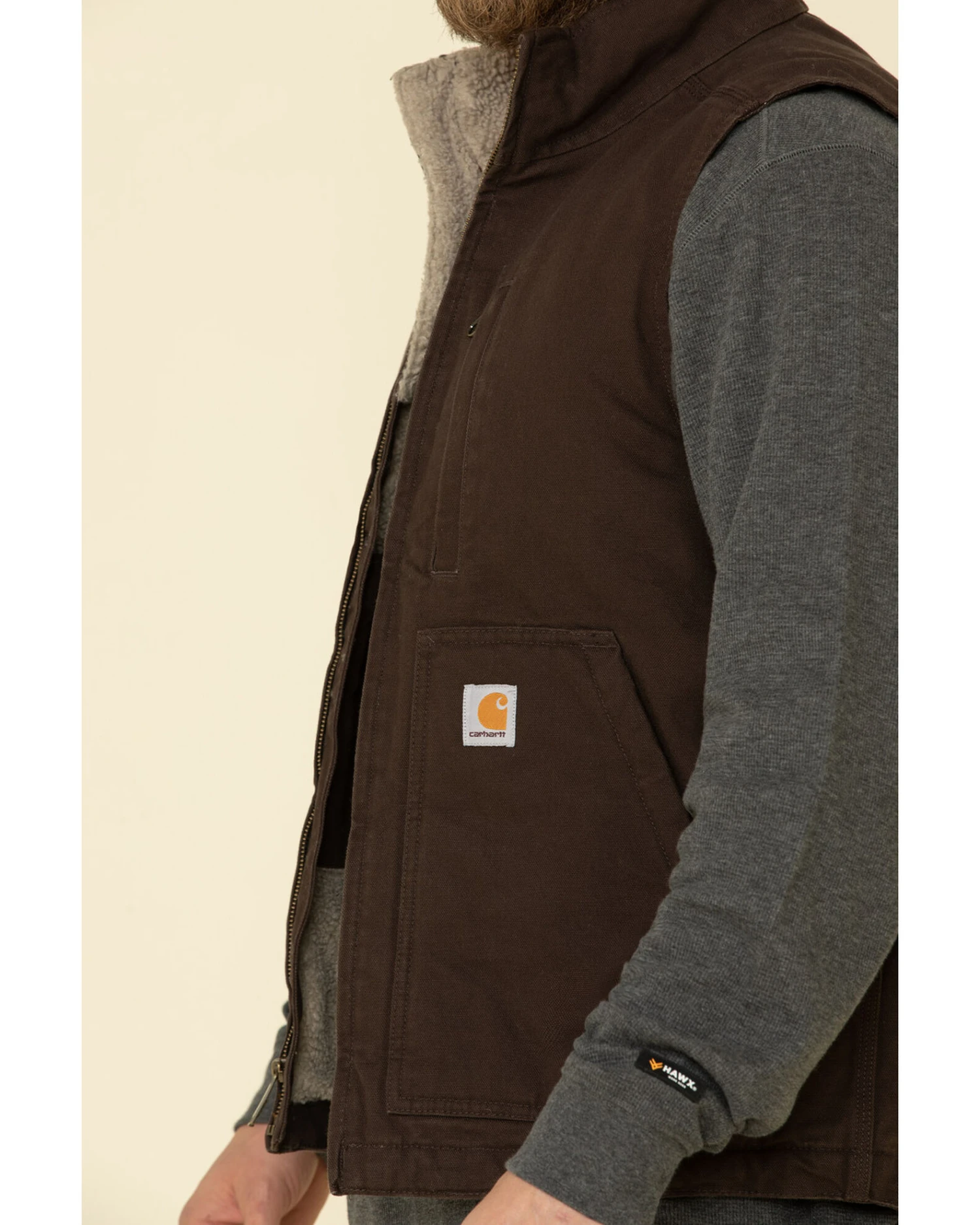 Carhartt Men's Dark Brown Washed Duck Sherpa Lined Mock Neck Work Vest 4 Carhartt Men's Dark Brown Washed Duck Sherpa Lined Mock Neck Work Vest - Image 4
