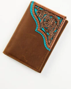 Cody James Men's Turquoise Underlay & Brown Tooled TrifoldĀ Wallet